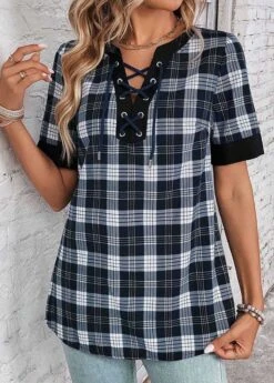 Black Lace Up Plaid Short Sleeve Blouse -UrbanLayer Store 333227 P 16880202058764