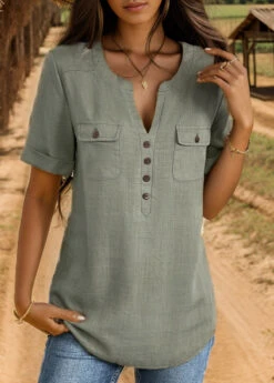 Sage Green Button Short Sleeve Split Neck Blouse -UrbanLayer Store 333230 P 16947456072446