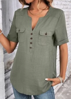 Sage Green Button Short Sleeve Split Neck Blouse -UrbanLayer Store 333230 P 16947456073165