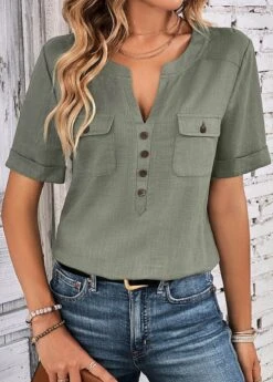Sage Green Button Short Sleeve Split Neck Blouse -UrbanLayer Store 333230 P 16947456074552