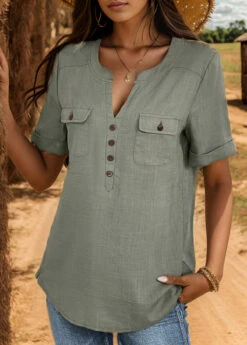 Sage Green Button Short Sleeve Split Neck Blouse -UrbanLayer Store 333230 P 16947456074907