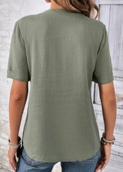Sage Green Button Short Sleeve Split Neck Blouse -UrbanLayer Store 333230 P 16947456076421