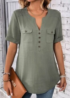 Sage Green Button Short Sleeve Split Neck Blouse -UrbanLayer Store 333230 P 16947456078233