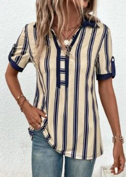 Beige Patchwork Striped Short Sleeve Shirt Collar Blouse -UrbanLayer Store 333232 P 16878638510124