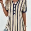 Beige Patchwork Striped Short Sleeve Shirt Collar Blouse -UrbanLayer Store 333232 P 16878638511380
