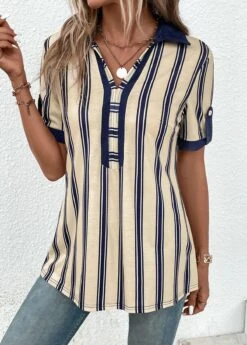Beige Patchwork Striped Short Sleeve Shirt Collar Blouse