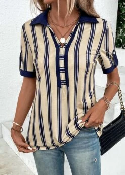Beige Patchwork Striped Short Sleeve Shirt Collar Blouse -UrbanLayer Store 333232 P 16878638516305