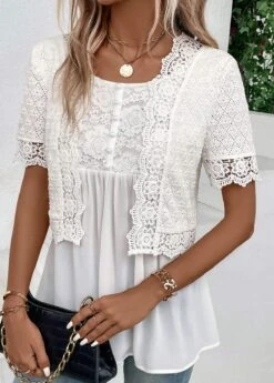 White Fake 2in1 Short Sleeve Round Neck Blouse -UrbanLayer Store 333235 P 16866408701443