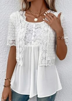 White Fake 2in1 Short Sleeve Round Neck Blouse -UrbanLayer Store 333235 P 16866408703594