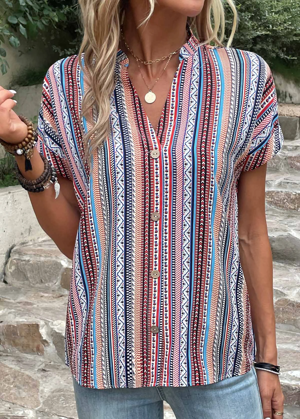 Blue Button Striped Short Sleeve Blouse 3 Blue Button Striped Short Sleeve Blouse