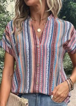 Blue Button Striped Short Sleeve Blouse 13 Blue Button Striped Short Sleeve Blouse -UrbanLayer Store 333358 P 16844987751365