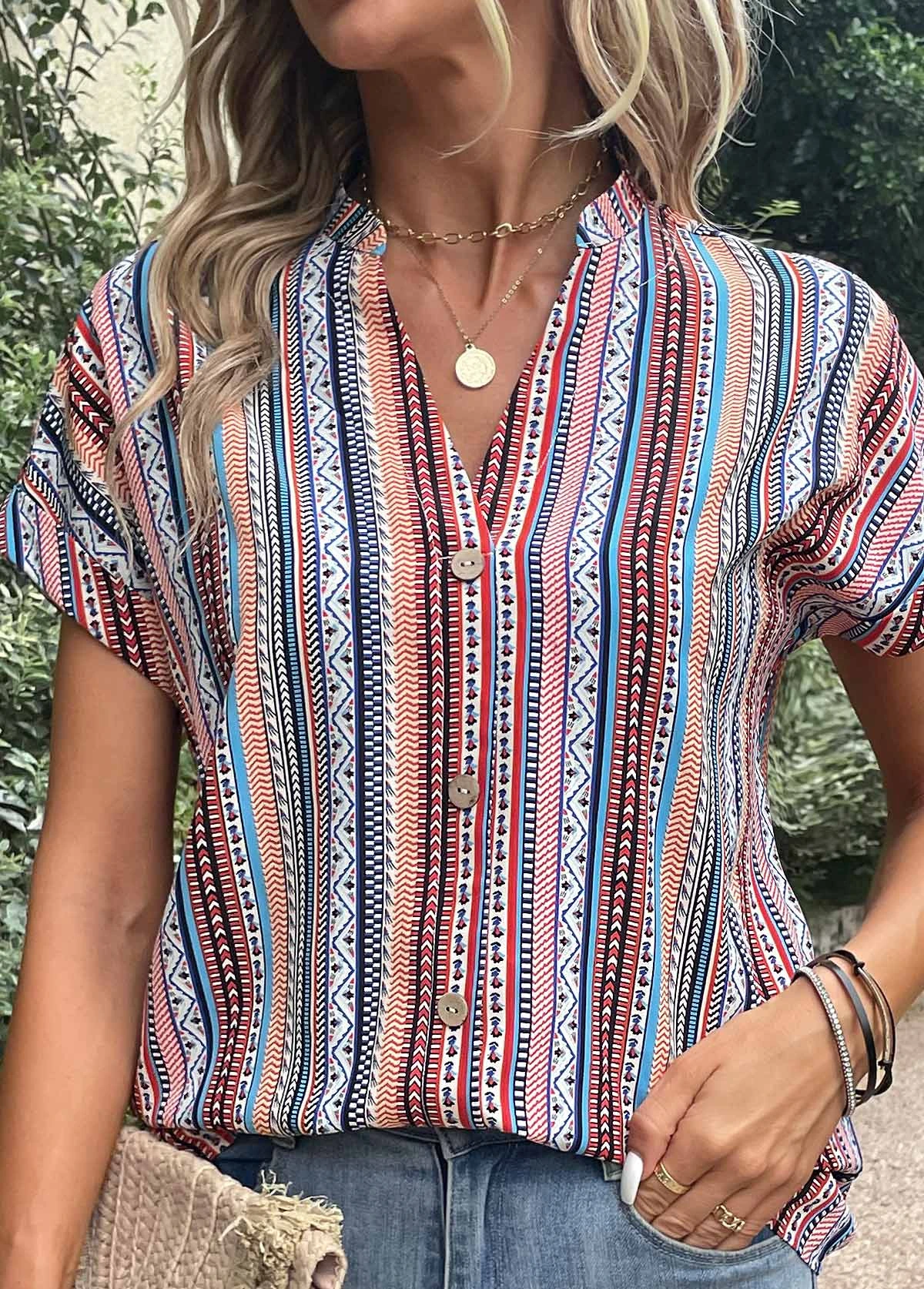 Blue Button Striped Short Sleeve Blouse 8 Blue Button Striped Short Sleeve Blouse - Image 6