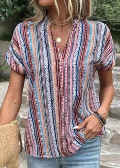 Blue Button Striped Short Sleeve Blouse 12 Blue Button Striped Short Sleeve Blouse -UrbanLayer Store 333358 P 16844987752264