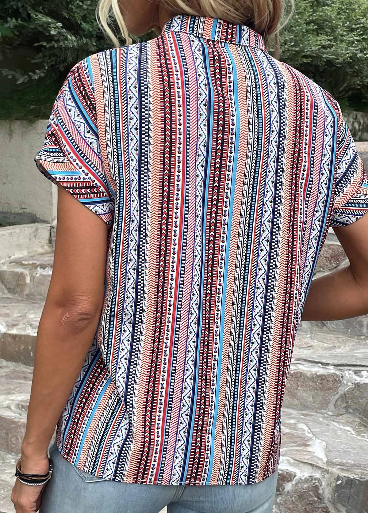 Blue Button Striped Short Sleeve Blouse 4 Blue Button Striped Short Sleeve Blouse - Image 2