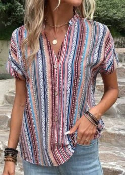 Blue Button Striped Short Sleeve Blouse 10 Blue Button Striped Short Sleeve Blouse -UrbanLayer Store 333358 P 16844987754142