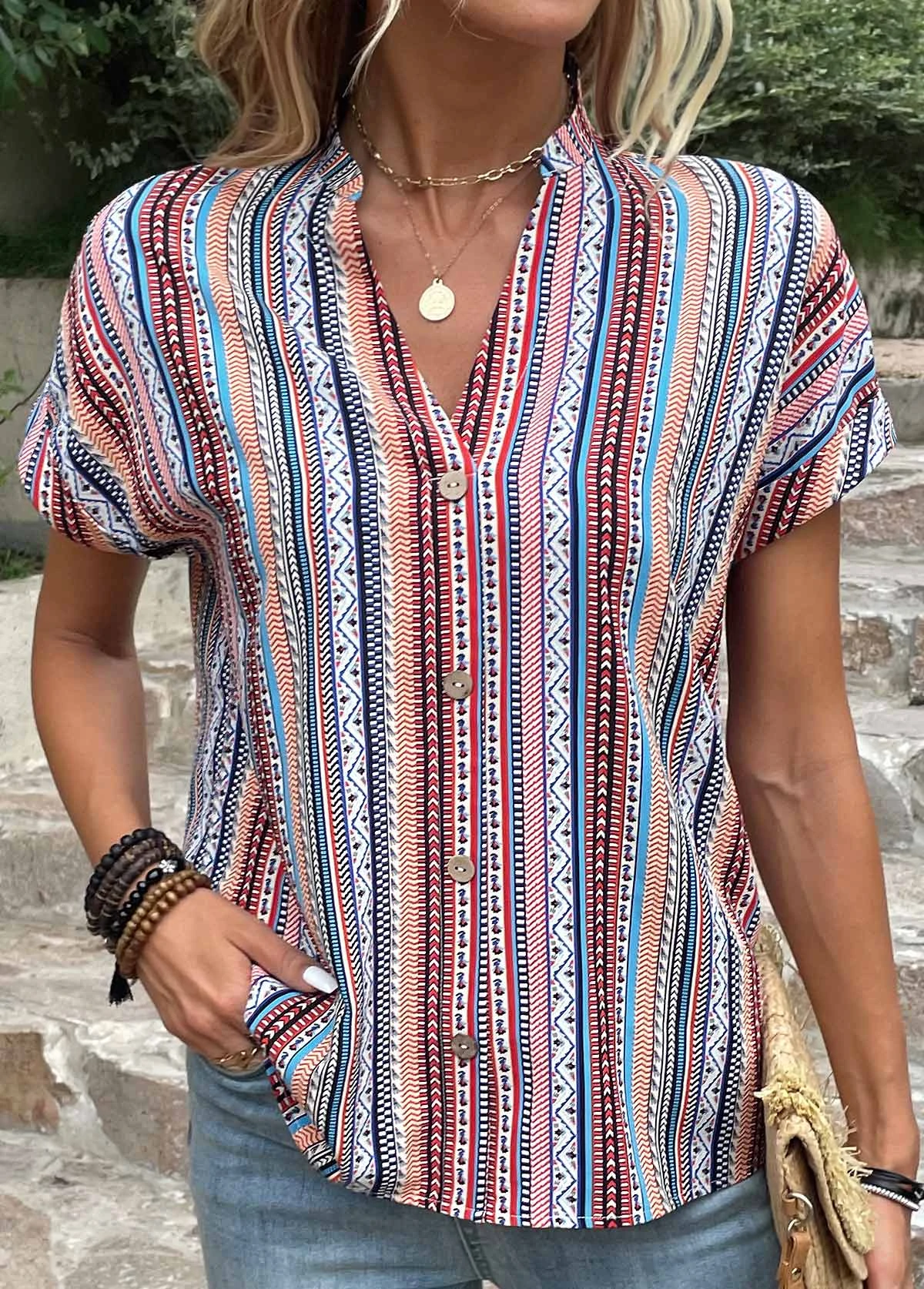 Blue Button Striped Short Sleeve Blouse 6 Blue Button Striped Short Sleeve Blouse - Image 4