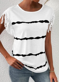 White Tassel Striped Short Sleeve T Shirt 9 White Tassel Striped Short Sleeve T Shirt -UrbanLayer Store 333369 P 16859668801822