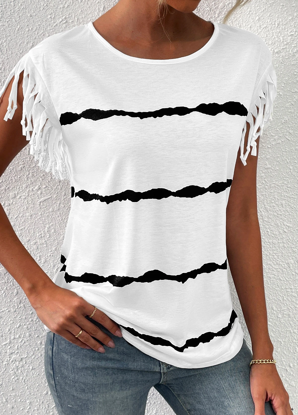 White Tassel Striped Short Sleeve T Shirt 5 White Tassel Striped Short Sleeve T Shirt - Image 3