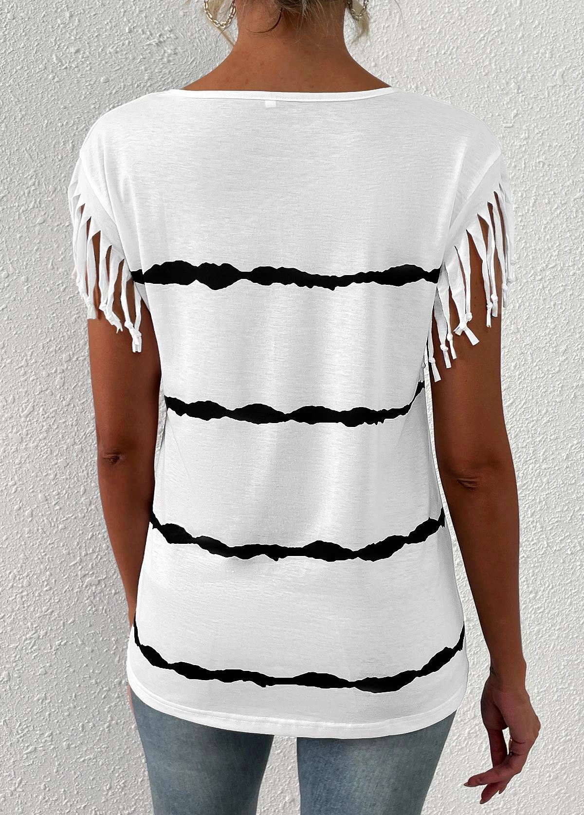 White Tassel Striped Short Sleeve T Shirt 4 White Tassel Striped Short Sleeve T Shirt - Image 2