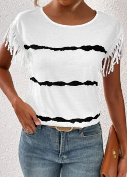 White Tassel Striped Short Sleeve T Shirt 11 White Tassel Striped Short Sleeve T Shirt -UrbanLayer Store 333369 P 16859668802504