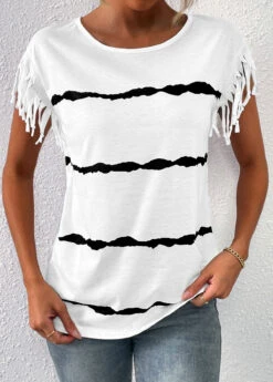 White Tassel Striped Short Sleeve T Shirt