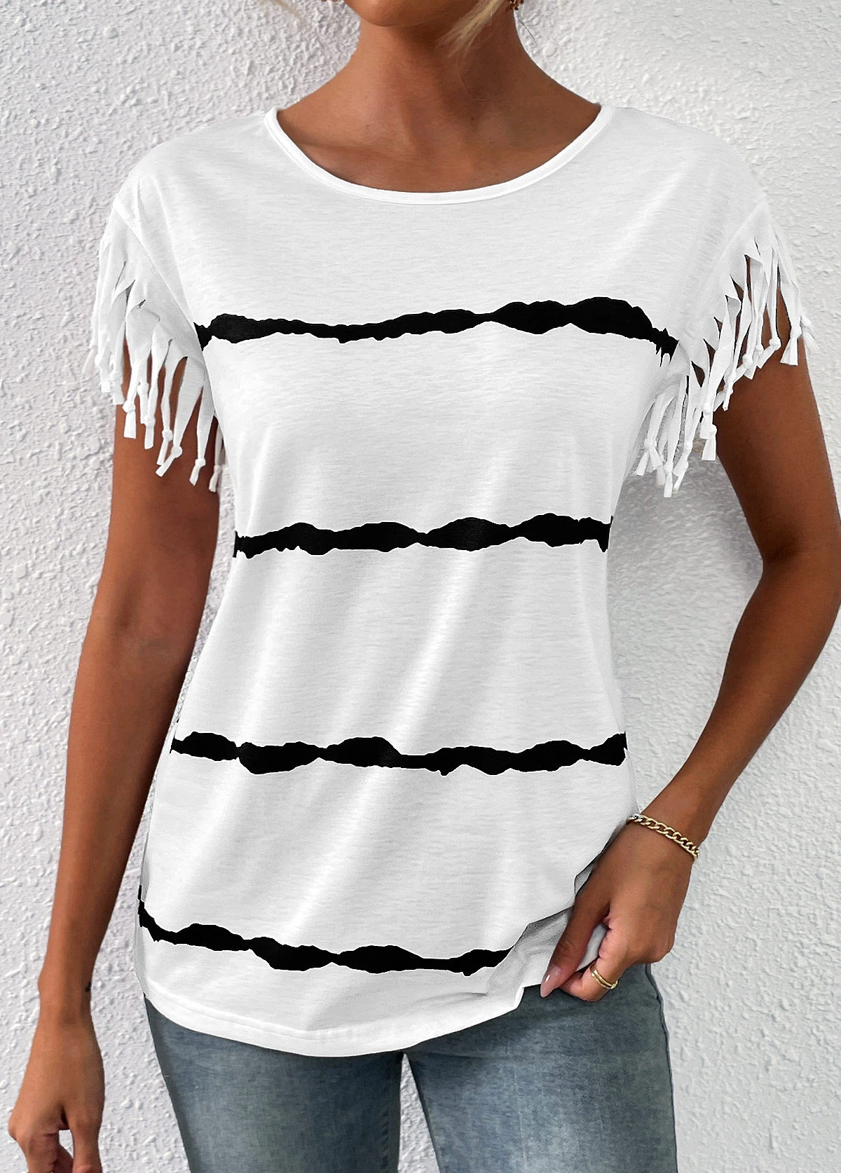 White Tassel Striped Short Sleeve T Shirt 6 White Tassel Striped Short Sleeve T Shirt - Image 4