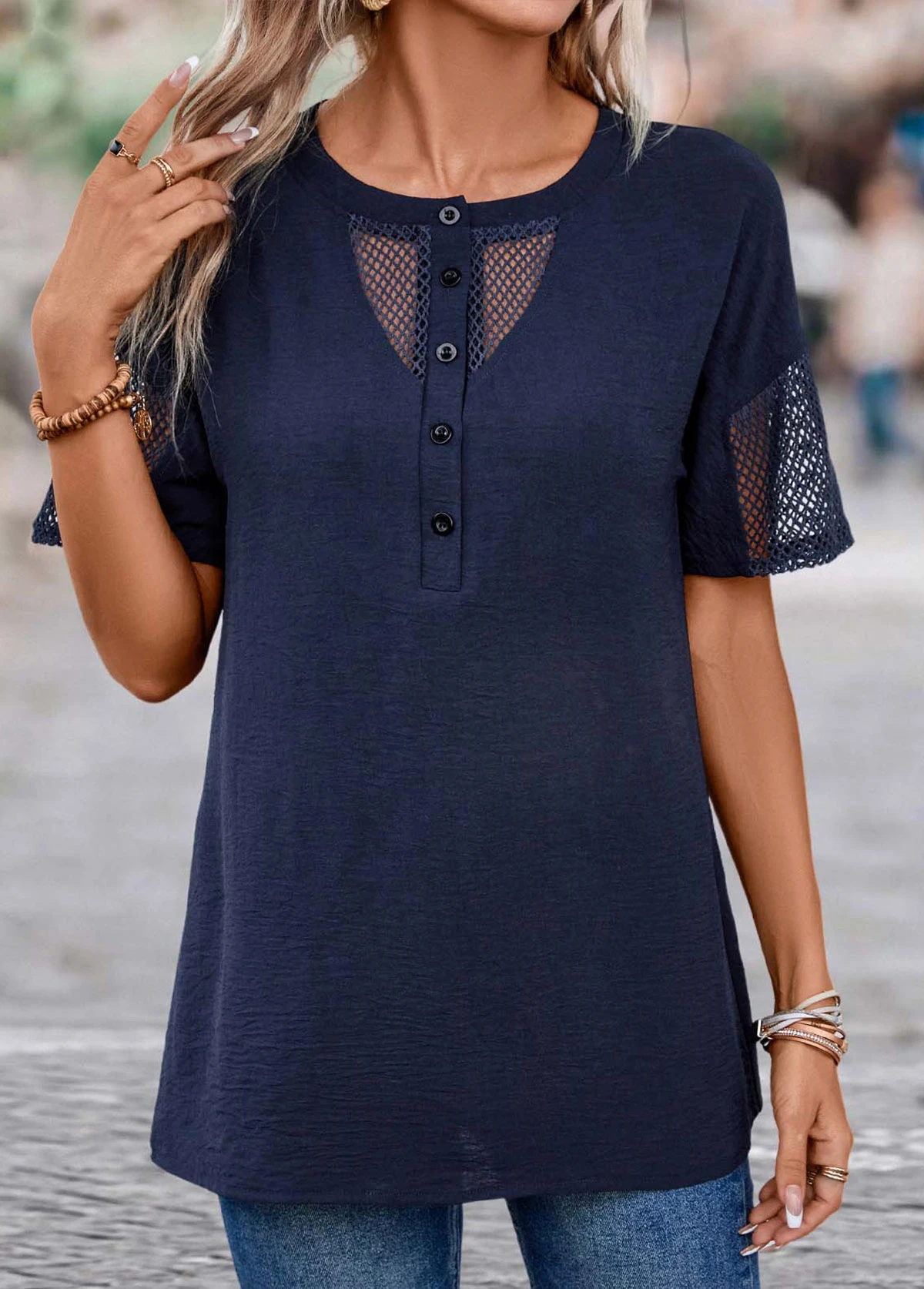 Navy Patchwork Short Sleeve Round Neck Blouse 7 Navy Patchwork Short Sleeve Round Neck Blouse - Image 5