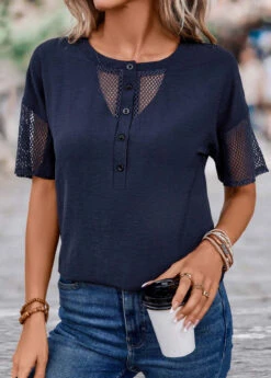 Navy Patchwork Short Sleeve Round Neck Blouse 13 Navy Patchwork Short Sleeve Round Neck Blouse -UrbanLayer Store 333474 P 16868944113795