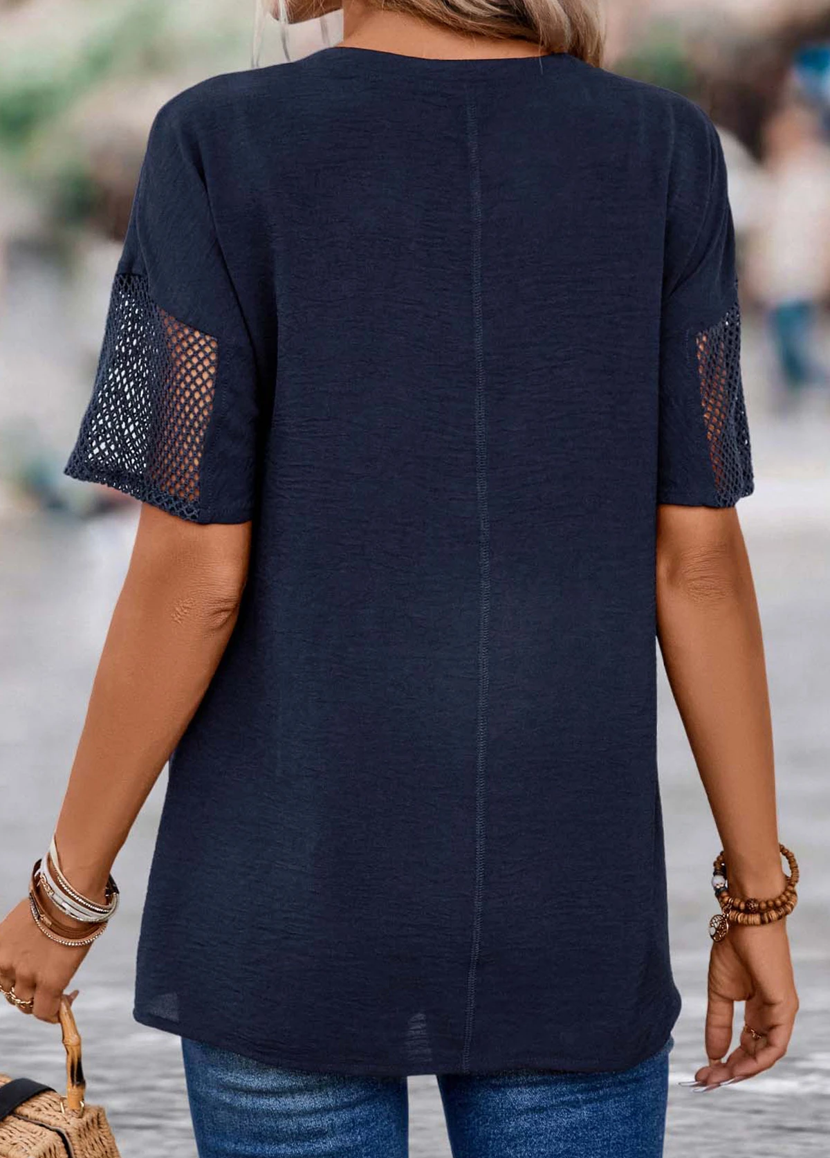 Navy Patchwork Short Sleeve Round Neck Blouse 4 Navy Patchwork Short Sleeve Round Neck Blouse - Image 2