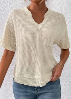 Beige Pocket Short Sleeve Split Neck T Shirt