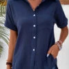 Navy Pocket Short Sleeve Shirt Collar Blouse -UrbanLayer Store 333575 P 16854383992140