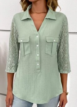 Sage Green Patchwork Three Quarter Length Sleeve Blouse -UrbanLayer Store 333728 P 16887318802324