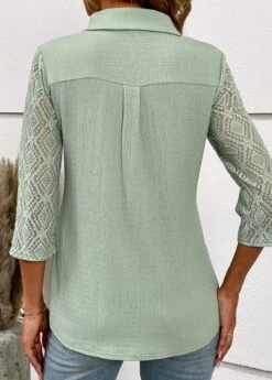Sage Green Patchwork Three Quarter Length Sleeve Blouse -UrbanLayer Store 333728 P 16887318802571