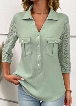 Sage Green Patchwork Three Quarter Length Sleeve Blouse -UrbanLayer Store 333728 P 16887318809393