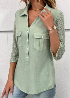 Sage Green Patchwork Three Quarter Length Sleeve Blouse -UrbanLayer Store 333728 P 16887318809992