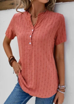 Coral Button Striped Short Sleeve Split Neck Blouse 12 Coral Button Striped Short Sleeve Split Neck Blouse -UrbanLayer Store 333741 P 16860503290614