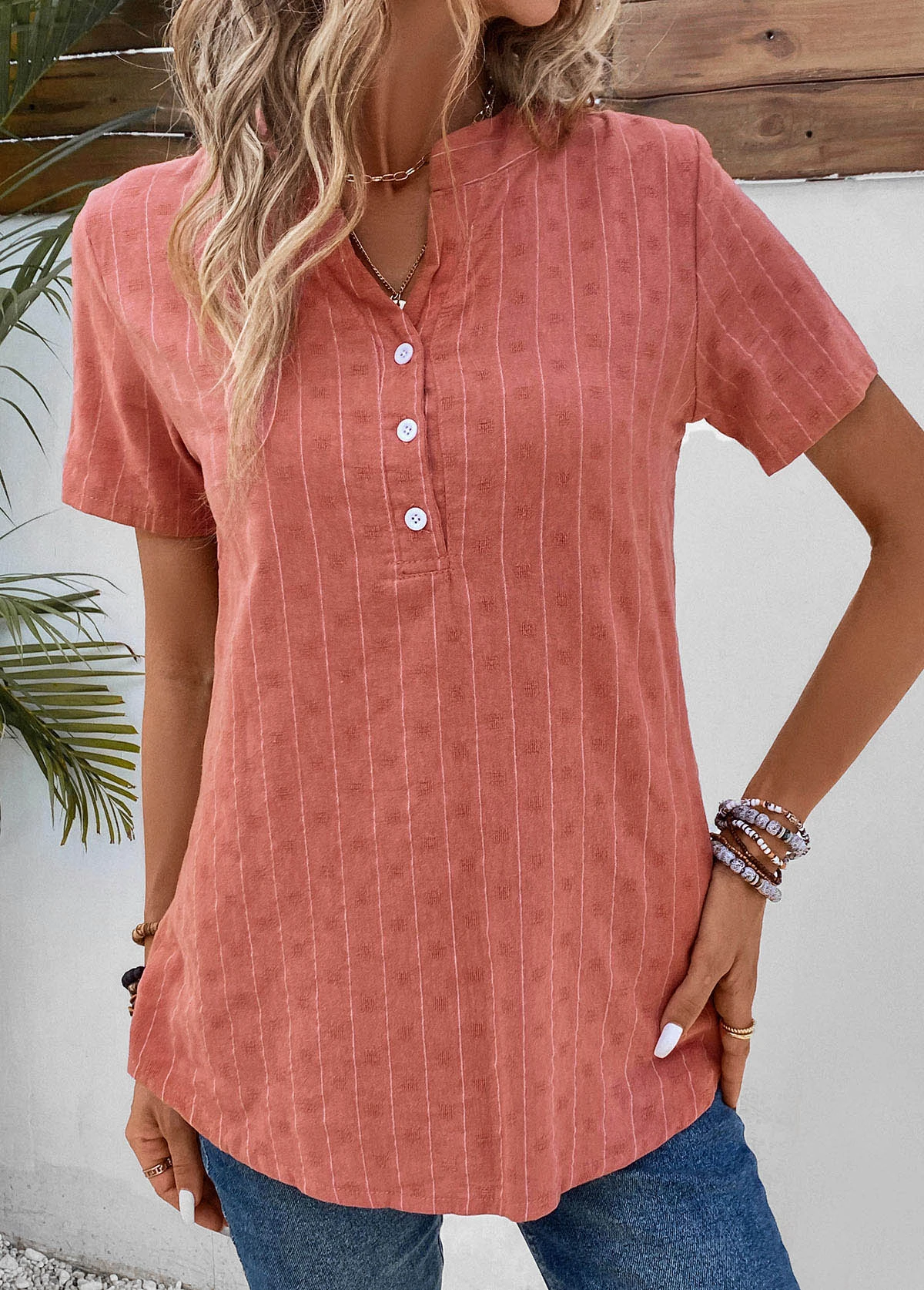 Coral Button Striped Short Sleeve Split Neck Blouse 5 Coral Button Striped Short Sleeve Split Neck Blouse - Image 3