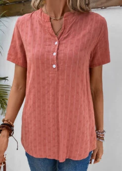 Coral Button Striped Short Sleeve Split Neck Blouse 11 Coral Button Striped Short Sleeve Split Neck Blouse -UrbanLayer Store 333741 P 16860503294143