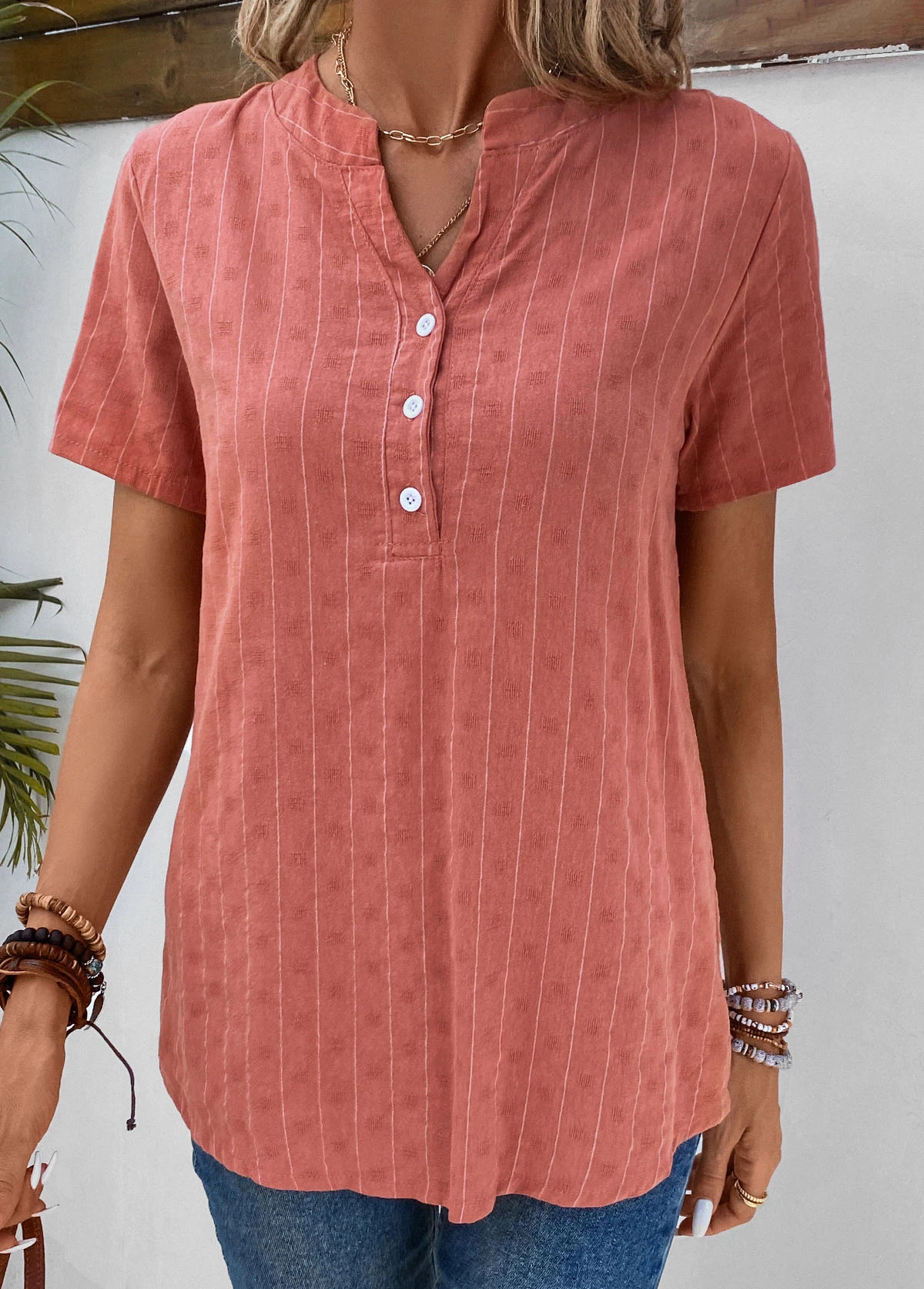 Coral Button Striped Short Sleeve Split Neck Blouse 6 Coral Button Striped Short Sleeve Split Neck Blouse - Image 4