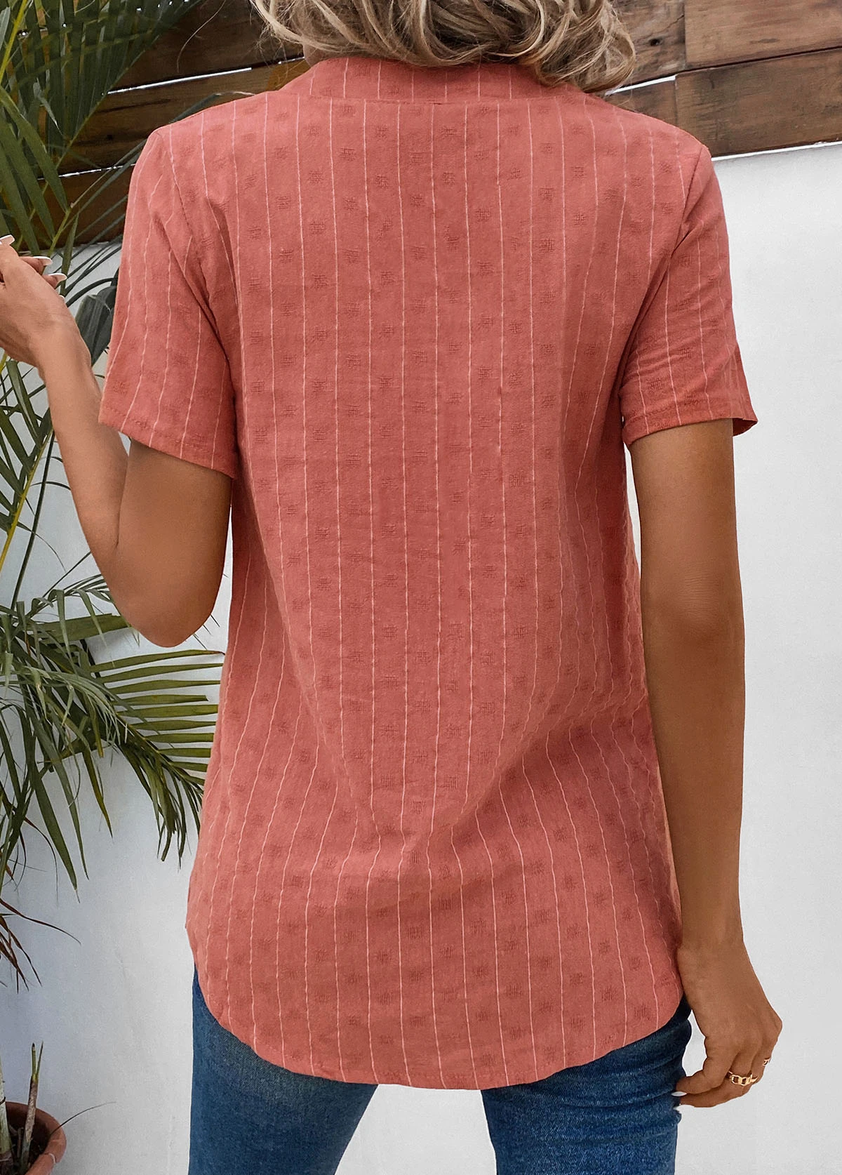 Coral Button Striped Short Sleeve Split Neck Blouse 4 Coral Button Striped Short Sleeve Split Neck Blouse - Image 2