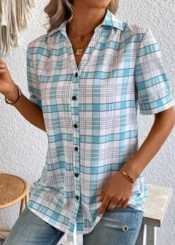 Light Blue Button Plaid Short Sleeve Blouse