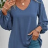 Dusty Blue Long Sleeve V Neck Blouse 2 Dusty Blue Long Sleeve V Neck Blouse -UrbanLayer Store 334172 P 16871439250944