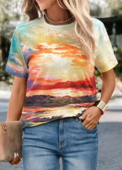 Multi Color Landscape Print Short Sleeve T Shirt -UrbanLayer Store 334350 P 1684309956198
