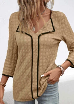 Dark Camel Contrast Binding Patchwork Blouse 13 Dark Camel Contrast Binding Patchwork Blouse -UrbanLayer Store 334549 P 16947461163683
