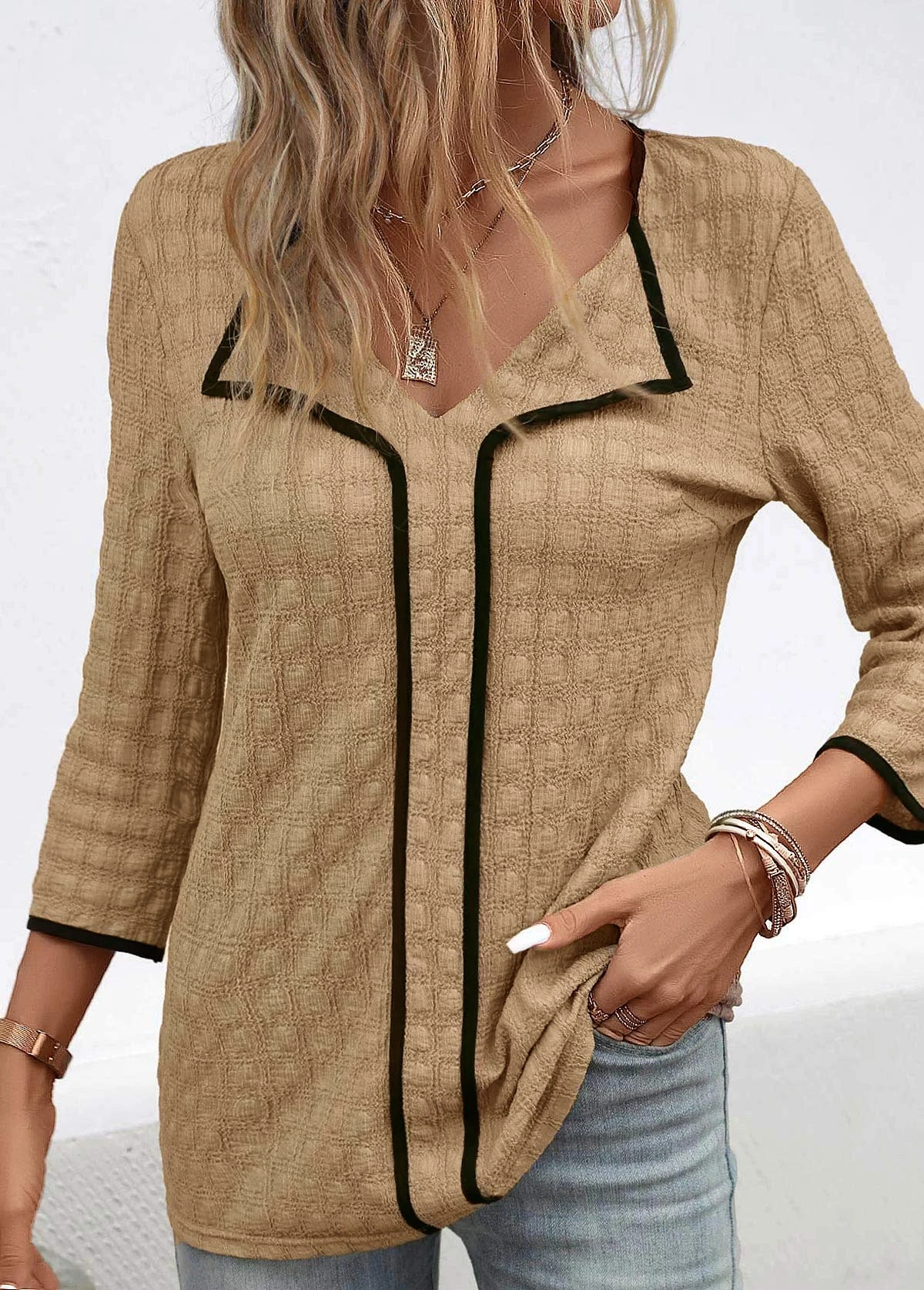 Dark Camel Contrast Binding Patchwork Blouse 6 Dark Camel Contrast Binding Patchwork Blouse - Image 4