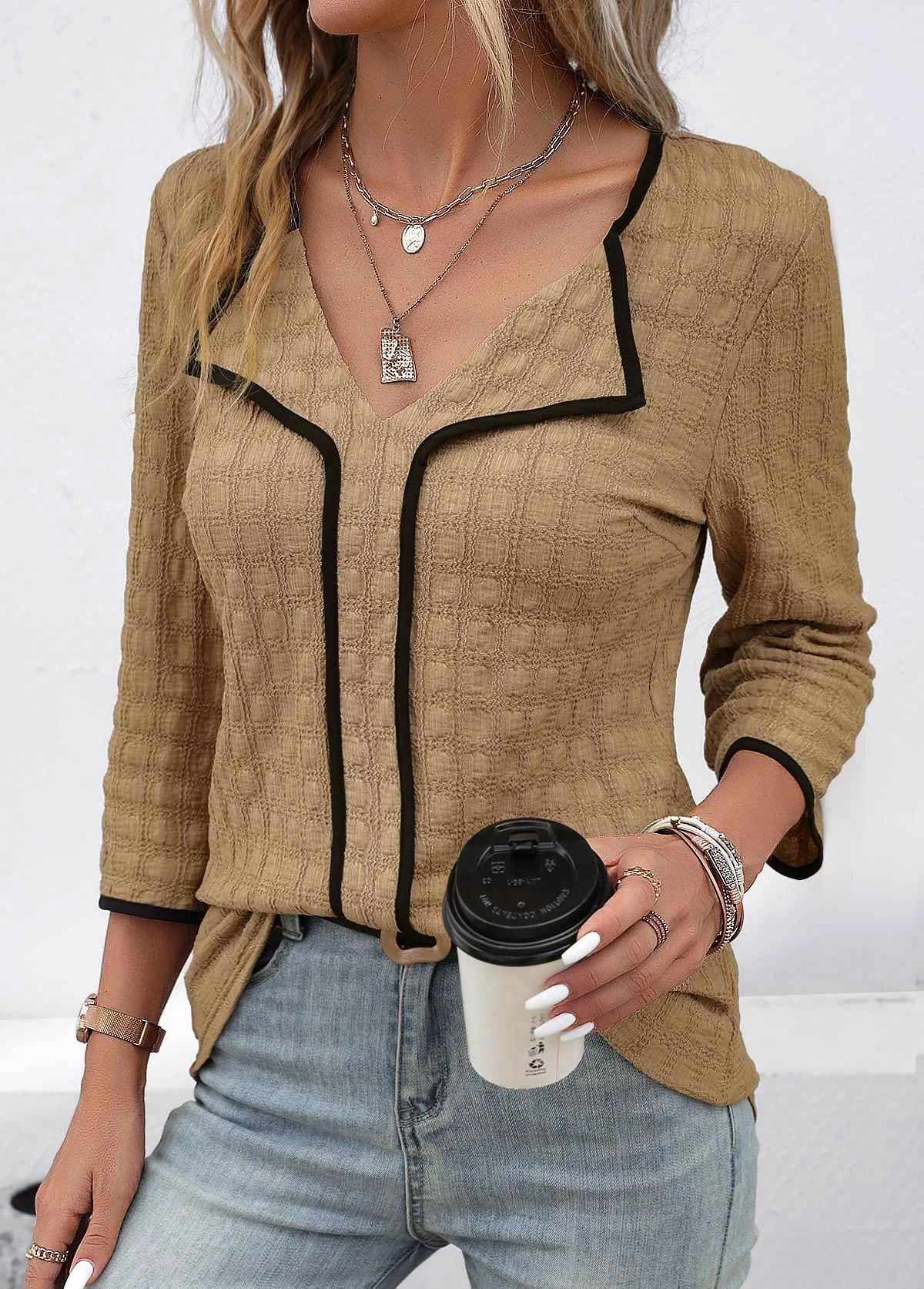Dark Camel Contrast Binding Patchwork Blouse 10 Dark Camel Contrast Binding Patchwork Blouse - Image 8
