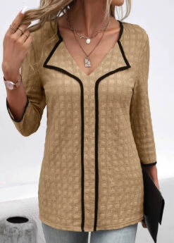 Dark Camel Contrast Binding Patchwork Blouse 16 Dark Camel Contrast Binding Patchwork Blouse -UrbanLayer Store 334549 P 16947461168786