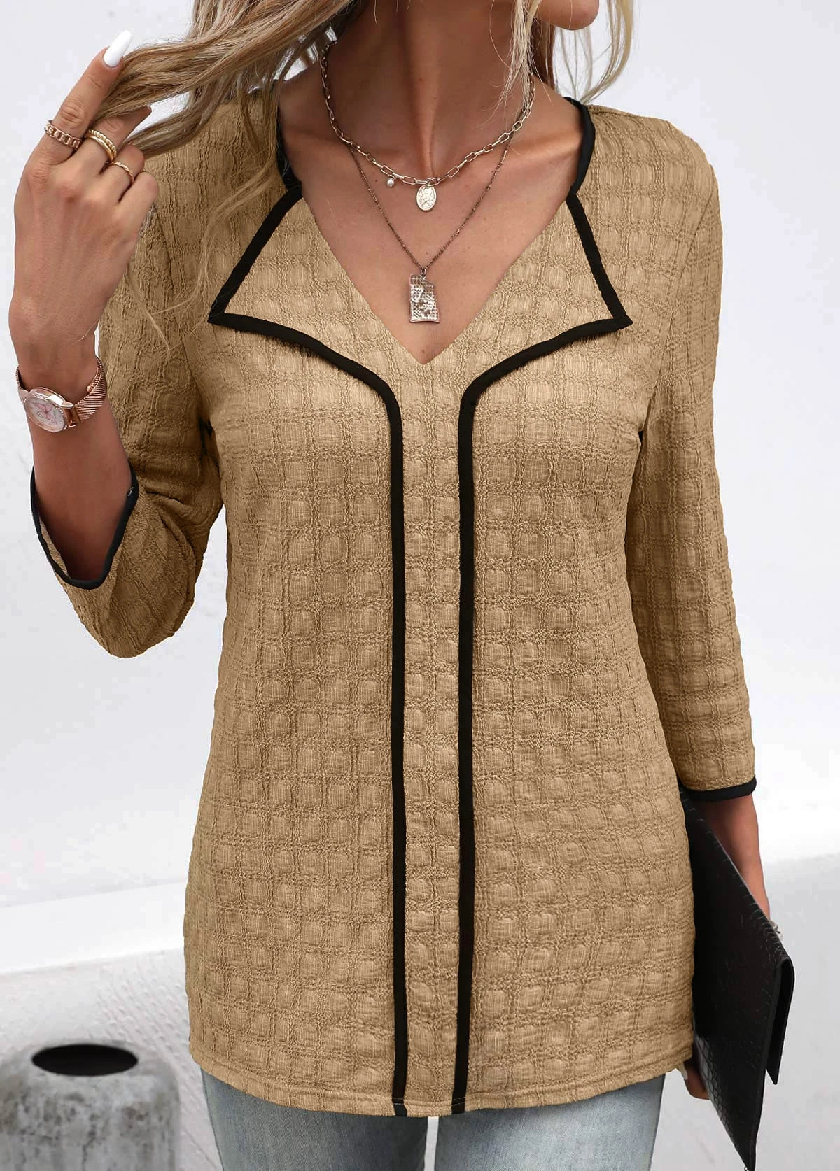 Dark Camel Contrast Binding Patchwork Blouse 9 Dark Camel Contrast Binding Patchwork Blouse - Image 7