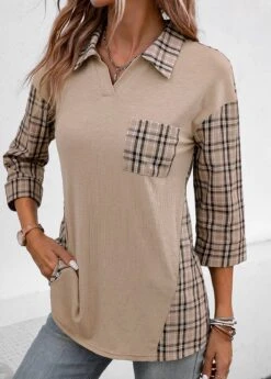Patchwork Plaid Three Quarter Length Sleeve Blouse
