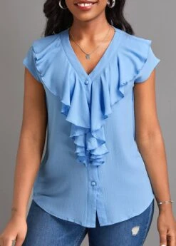 Light Blue Button Short Sleeve V Neck Blouse 9 Light Blue Button Short Sleeve V Neck Blouse -UrbanLayer Store 334622 P 16855013212942